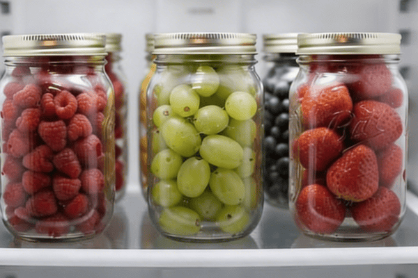 Guardar frutas na geladeira em potes de vidro bem vedados conserva por mais tempo