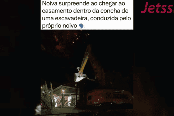Noiva surpreende ao chegar ao casamento dentro da concha de uma escavadeira, conduzida pelo próprio noivo