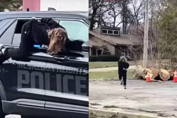 Mulher algemada escapa pela janela de viatura em movimento