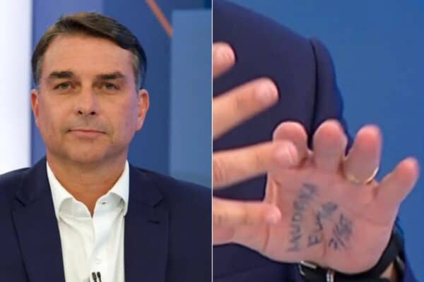Flávio Bolsonaro imita o pai e leva anotações na mão durante sabatina da Globo